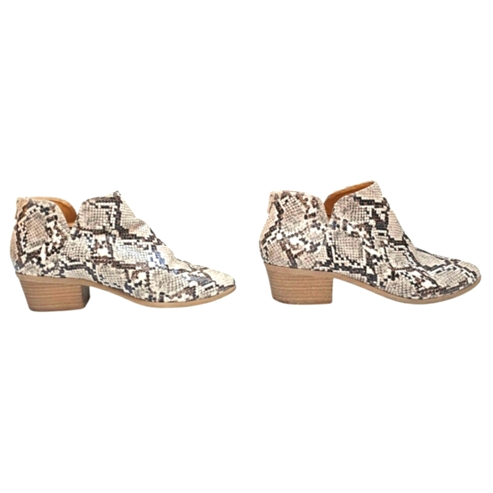 Express Brown & Cream Snakeprint Faux Leather Ankle Zip up Heel Boots Booties 9 - Picture 5 of 12
